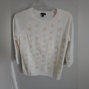 GUC Talbots Cream Crewneck 3/4 Sleeve Embellished Snowflake Sweater Small Petite